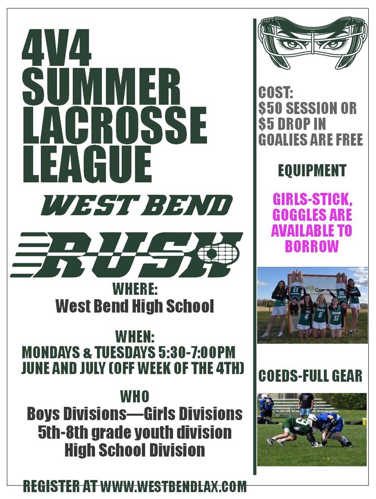 West Bend Rush 4V4 lacrosse camp flyer