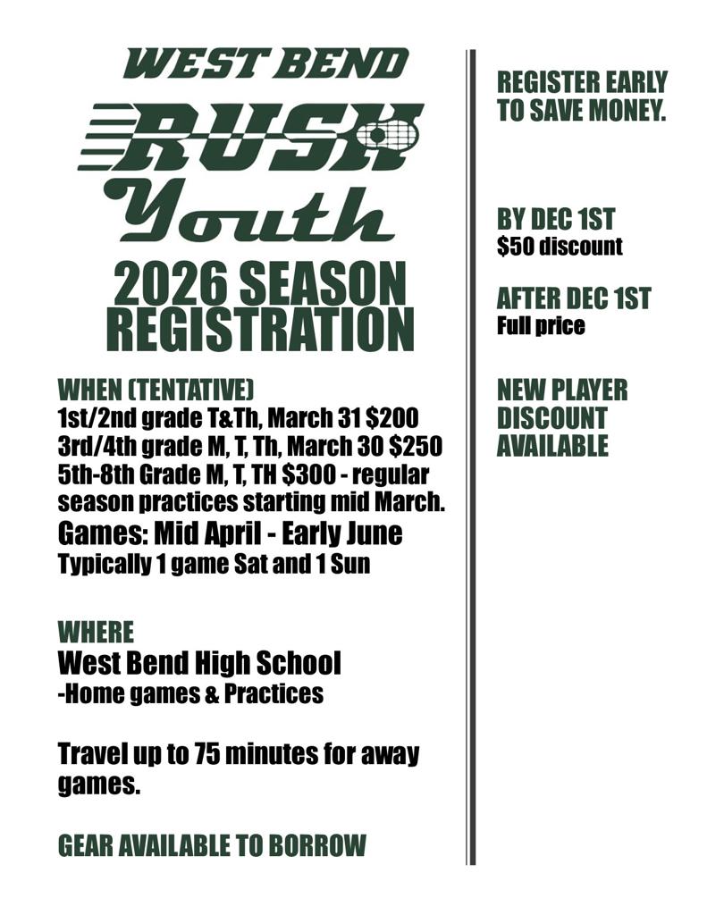 2026 Rush Youth Lacrosse registration flyer