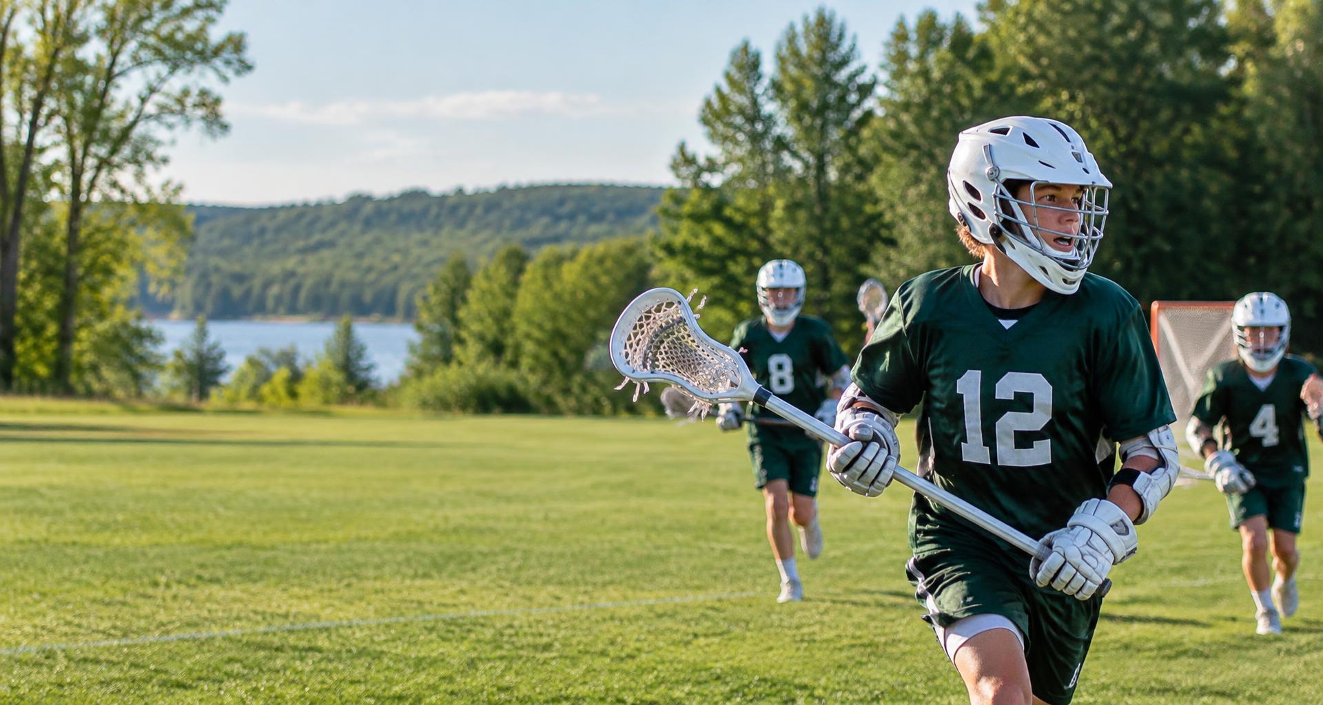 A youth lacrosse player in Rush green on a Wisconsin field